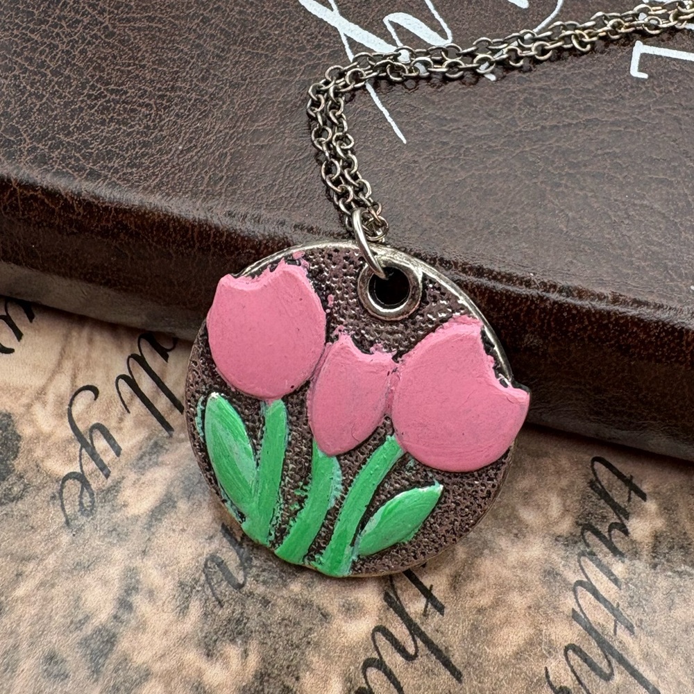 Pink Tulip Pendant Necklace Hand Painted Floral Cottagecore Folk Jewelry 18”